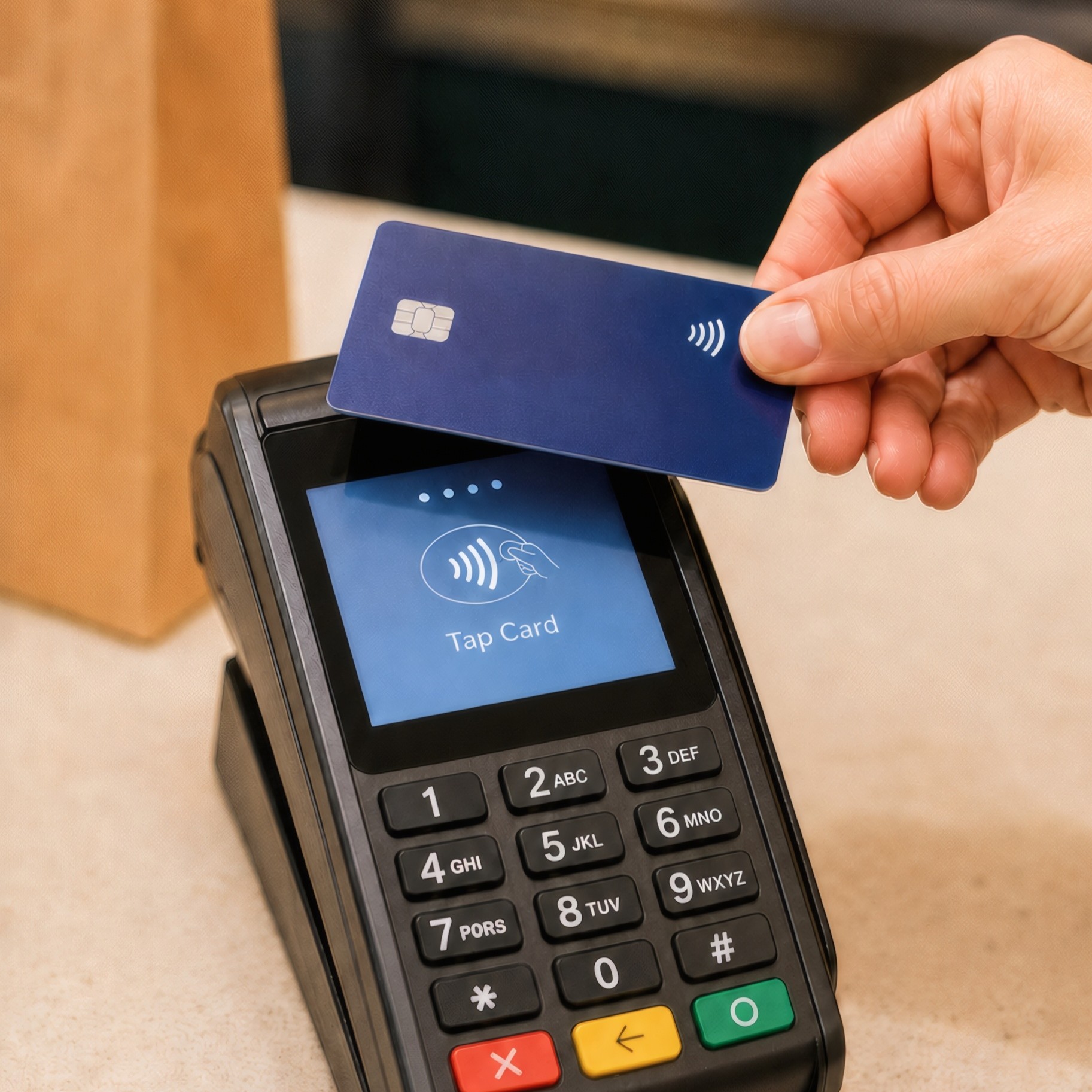 Một thẻ gắn chip đang được chạm vào thiết bị POS.